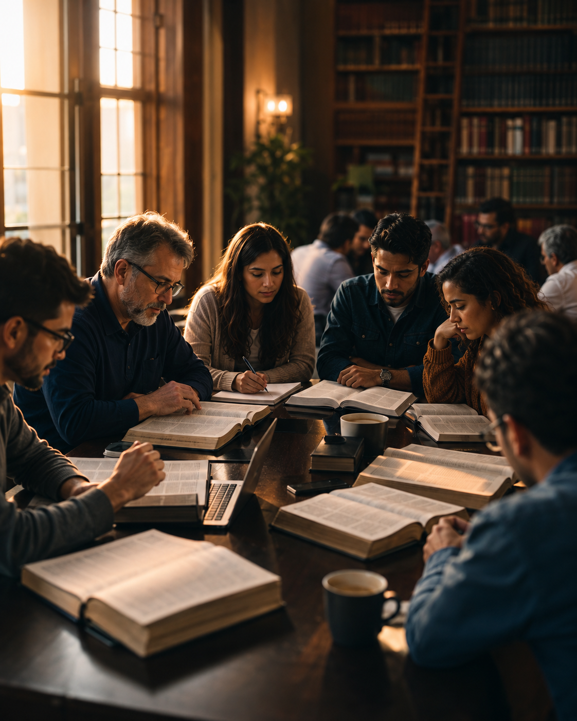 Alunos do seminário estudando juntos, com Bíblias abertas, em uma biblioteca